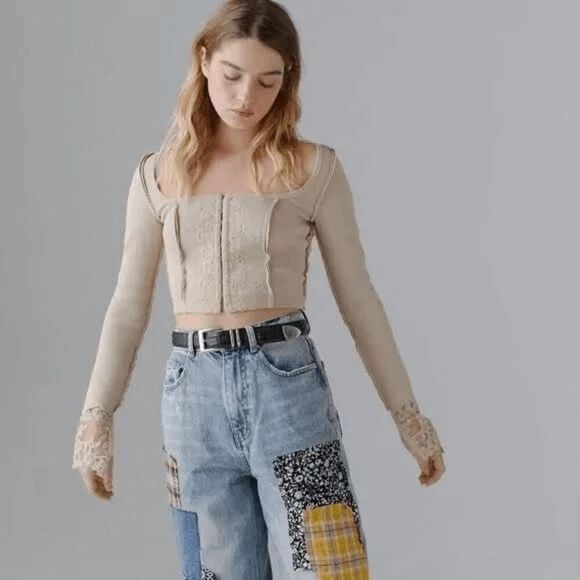 Urban Outfitters Leona Lace Tan Brown Hook Eye Boho Long Sleeve Cropped Medium - Picture 8 of 10